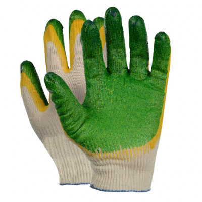 Перчатки Х/Б двойной латексный облив (жёлтый/зеленый) 13класс вязки
